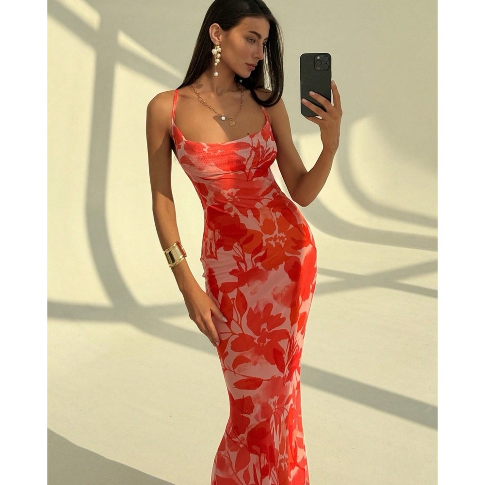 Shein Sexy Maxi Dress Size‎ L 8/10 Orange Bodycon Curve Hugging Backless Strappy